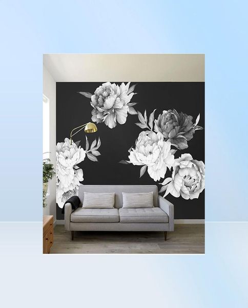 Blanco y negro Peony Peony Rose Flores pegatinas de pared Decoración del hogar Sala de estar de niños Decoración de flores de la pared de la pared del hogar 2205234411582