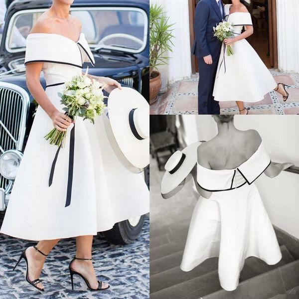 Robe de mariée noir et blanc vintage rétro thé longueur hors de l'épaule Simple Satin A-ligne courte pays robes de mariée263S