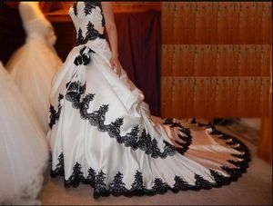 Zwart-wit Trouwjurken Gothic Kant Applique Tiered Pageant Bruidsjurk Lange rug Lace Up Satijn Elegante Bruids Bruidsjurken