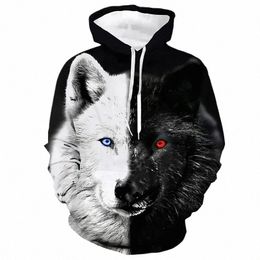 Sweats à capuche pour hommes 3D imprimé loup noir et blanc Fi motif animal Sweat-shirts pour femmes Loisirs Essentials Pull Vestes Manteau M6Oh #