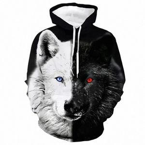 Zwart-wit Wolf Print 3D Heren Hoodies Fi Dierenpatroon Dames Sweatshirts Leisure Essentials Trui Jassen Jas M6Oh #