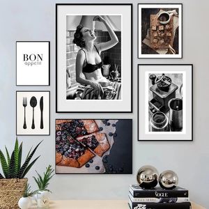 Pintura en lienzo para pared de mujer en blanco y negro, decoración de cocina, póster de café y Pizza e imagen artística impresa para decoración del hogar y comedor
