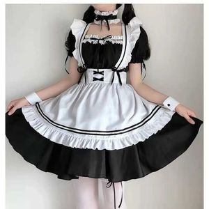 Zwart-wit vrouwen meid outfit lolita jurk schattige anime zwart wit schort cosplay meid jurk mannen uniform cafe kostuum y0903
