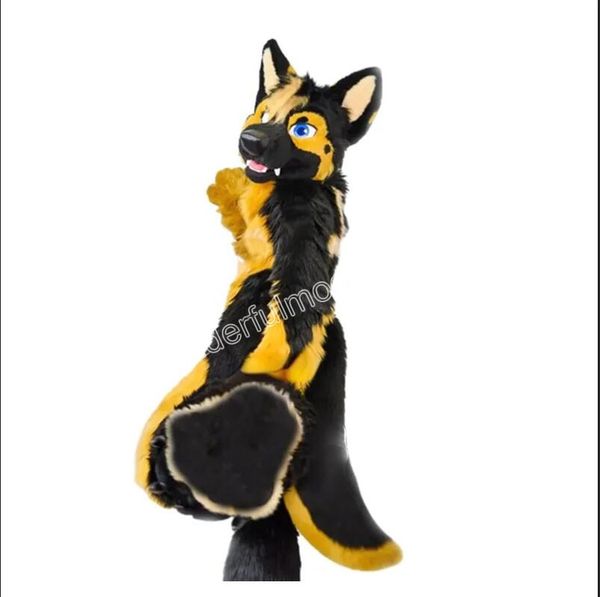 Black and Yellow Husky Dog Fox Mascot Fur Chaqueta de cuero de cuero Traje de Halloween Juego de Navidad Festival de Pascua para adultos