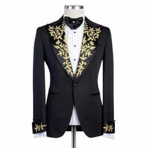 Costume noir appliqué pour hommes, ensemble de blazer à un bout, coupe cintrée, veste et pantalon à revers, vêtements de marié de mariage, E6cP #