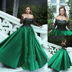 Zwart-appliques off-the-shoulder a-lijn elegante galajurk zwart en groen lange mouwen avondjurken vestido longo festa 328 328