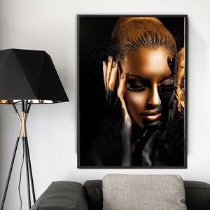 Peintures sur toile dorées de fille d'art noir, pour salon, imprimés d'art moderne, affiches et imprimés d'images de figurines, sans cadre 238i