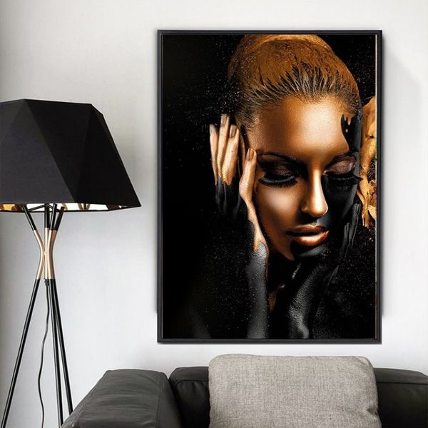 Peintures sur toile dorées de fille d'art noir, pour salon, imprimés d'art moderne, affiches et imprimés d'images de figurines, sans cadre, 187k