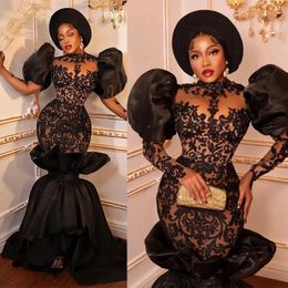 Noir Aso Ebi Robes De Bal Sirène Dentelle Cap Manches Organza Robes De Soirée Africain Arabe Deuxième Réception Robes De Fête D'anniversaire Gala Pageant Robe De Fiançailles ST366