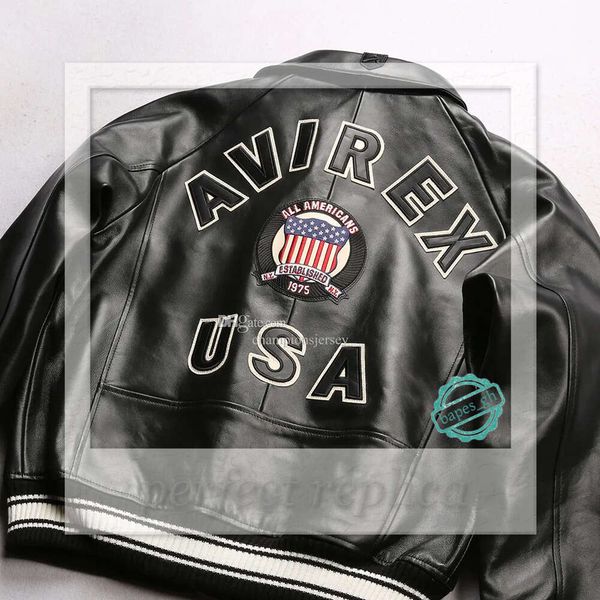 Negro AVIREX solapa piel de oveja chaqueta de cuero casual traje de vuelo atlético 1975 USA 670