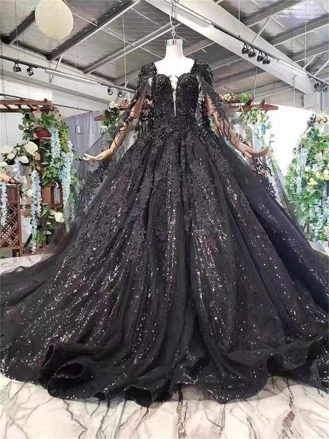 Suknie ślubne czarnej sukni balowej vintage koronki ubrane w długi szal galaktyka manualna waga HS3108