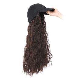 Wig Black Brown Baseball Cap met synthetische natuurlijke golvende hai aangesloten vrouwen verstelbare hoeden 55 cm lange golvende