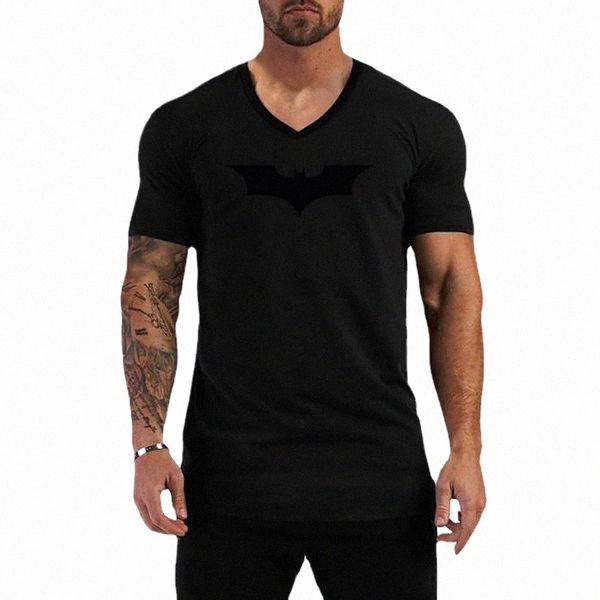 Bat noir imprimé classique hommes t-shirts été Fi Cott Slim Fit col en V à manches courtes respirant décontracté hauts de sport T-shirts Y5Vx #