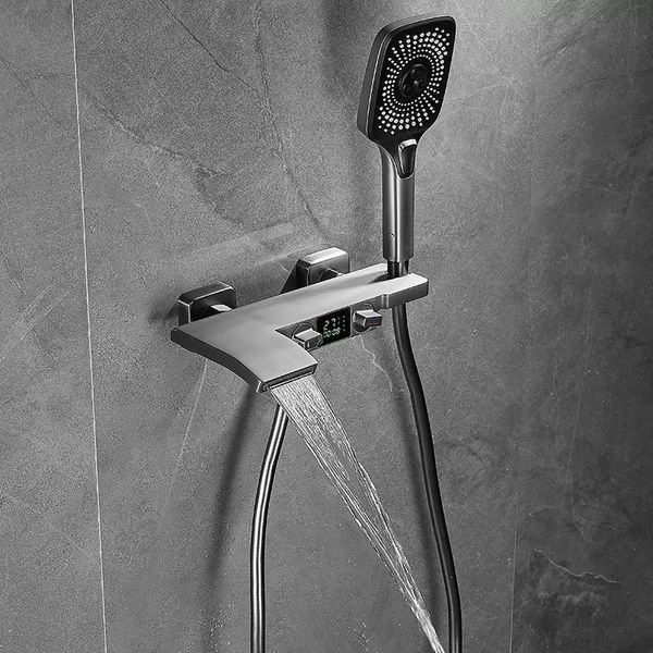 Ensemble de robinet de bain et de douche noir monté au mur LED affichage numérique mélangeur de douche cascade gris robinets de salle de bain en laiton