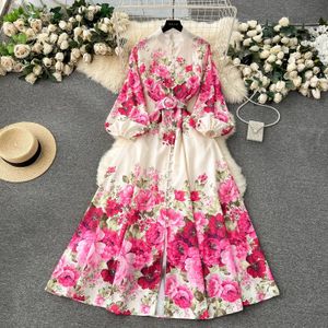 Vestidos casuales A-Line Sexy Verano Elegante Magnífico Floral Bohemio Vestido Primavera Mujeres Soporte Manga larga Linterna Estampado floral Cinturón Lino Vestidos largos Ropa 2024