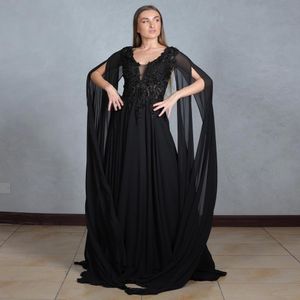 Robes de soirée perlées noires dentelle appliquée robes de bal avec manches longues pure décolleté en V balayage Train en mousseline de soie robe formelle