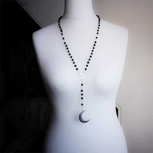 Zwarte Kralen Rozenkrans Ketting Gothic Crescent Lange Ketting Heks Heidense Maanfase Sieraden Dames Gift Mode-sieraden L230704