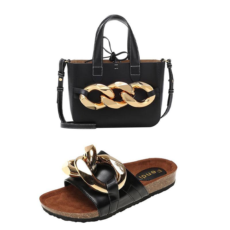 Black Big Chain Slides And Purses Set Sandels For Women Summer Slipper With Handbags Fashion Luxury Designer Shoes Pantufa Slippers