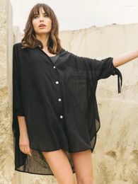 Black Bikini Cover-up Sexy Button Front Open Plus taille Femmes Tops Shirts For Beach Wear Swim Copin Up Up Blouse Q1233