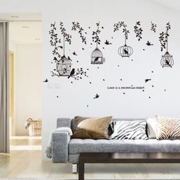 Zwarte vogels kooi boomtakken bladeren silhouet muurstickers vinyl diy woonkamer bank achtergrond decoratie kunst muurschildering stickers