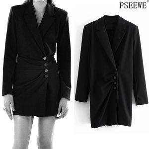 Black Blazer Robe Femme Hiver Wrand Sleeve Mini Femme Vintage Button Bureau Dames Elegant ES 210519