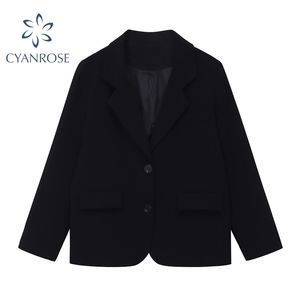 Blazer noir veste manteau pour femmes col cranté basique simple boutonnage élégant vêtements d'extérieur dame mode lâche vintage pardessus 210417