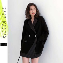 Blazer noir femmes printemps rayure irrégulière Patchwork Femlae veste manteau Femme Streetwear 210608