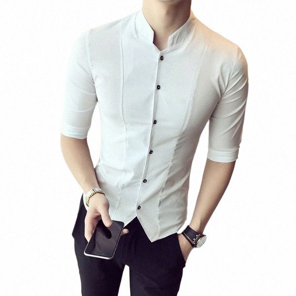 Blusa negra Slim Fit Mandarin Collar Camisas blancas para hombre Ropa elegante ajustada para hombre 2023 Wedding Party Dr Shirts Trendy S3K6 #