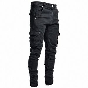 Noir Bleu Jeans Hommes Pantalons Denim Pantalon Mâle Multi Poches Casual Cargo Pantalon Crayon Jeans Printemps Eté Streetwear u27t #