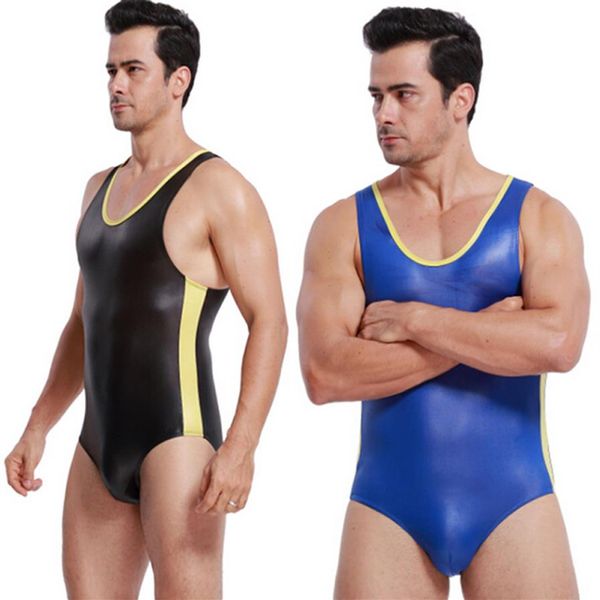 Noir bleu hommes Body sous-vêtements rayé mode lutte Singlet Body hommes en cuir maillots de bain mâle corps Shaper combinaison SML276W