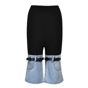 Jean Patchwork noir-bleu pour femmes, élégant, décontracté, taille haute, Long Capris et longueur aux genoux, pantalon droit en option