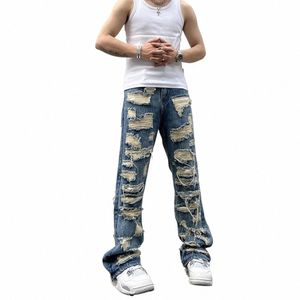 Zwart Blauw Gescheurde Flare Jeans American Vintage Distred Denim Jeans High Street Vibe Damaged Micro Flared Jeans Broeken Dames W15R#