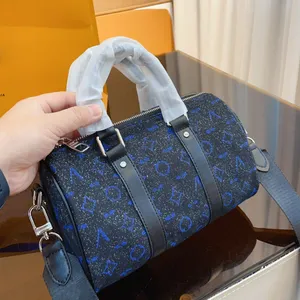 Sac Speedy de créateur bicolore noir et bleu pour femmes, avec poignée supérieure en cuir, tissu en coton, fermeture éclair argentée, large sangle en nylon amovible, fourre-tout de 25cm, sac à main à bandoulière