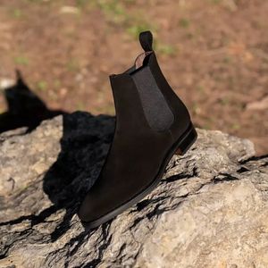 Black Boots Men Flock Shoes Business Handmade enkelslip op lage hak solide kleur
