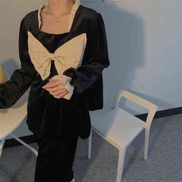 Zwarte boog chic fluwelen hoge kwaliteit zoete vintage losse nachtkleding retro vrouwen korte homewear pyjama sets 210525