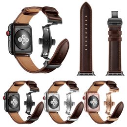 Wsirak zwarte armband vlinder clasp -riem riem echte lederen band voor Apple Watch Series 1 2 3 4 5 6 7 8 SE 38mm 40 mm 42 mm 44 mm 45 mm horlogeband