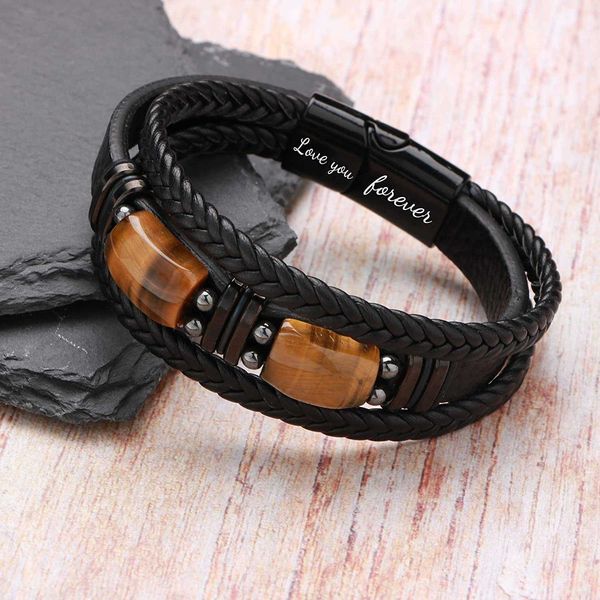 Bracelets en cuir tressé noir avec 2 oeil de tigre pour papa fils petit ami mari frère petit-fils à mes hommes bracelet je t'aime pour toujours bijoux en cuir pour hommes cadeaux pour hommes