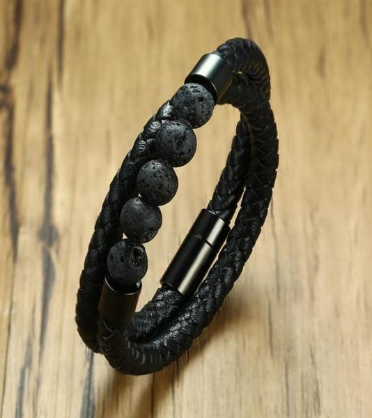 Bracelet à breloques en cuir microfibre tressé noir Bracelet en perles de pierre de lave naturelle hommes santé aimant boucle bijoux 74412422529873