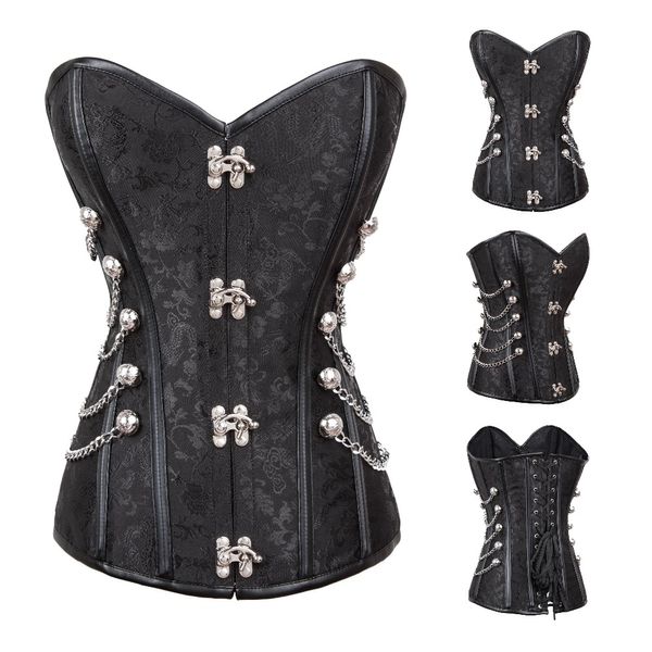 Corset désossé en acier brocart noir Sexy gothique vêtements Corsets et Bustiers Steampunk vêtements Korsett pour femmes grande taille 6XL