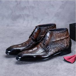 Botas de cuero de cocodrilo marrón negro para hombre, botines de combate de piel de vaca con cremallera alta a la moda, zapatos de talla grande 38-46