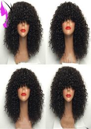 Zwart Bruin Rood Paars Roze Gey afro kinky krullend synthetische kant lijmloze korte kant voorpruik met pony voor zwart wit3763204