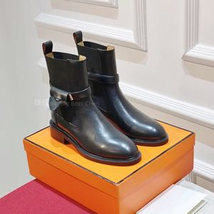Boucle noire cheville bottes de chevalier en cuir plat talon bas bottillons de combat de mode chaussures de créateur de luxe chaussures d'usine pour femmes