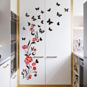 Zwarte vlinder Rode bloem Vine Wall Stickers koelkast kast keuken decor sticker behang huisgarderobe decor pvc muursticker