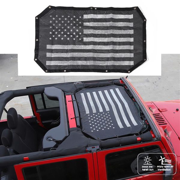 Couverture supérieure de pare-soleil de Protection UV de maille de toit de voiture noire pour Jeep Wrangler JK 2007-2017 accessoires extérieurs automatiques USA Flag308T