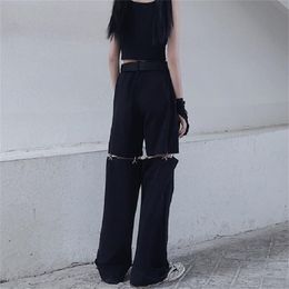 Zwarte vrachtbroek dames punk oversized uitsparingen wide been pocket broek voor vrouwen 220812