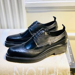 Chaussures Brogue sculptées noires en cuir de vache à talon épais pour hommes, chaussures d'affaires formelles, Derby Flats