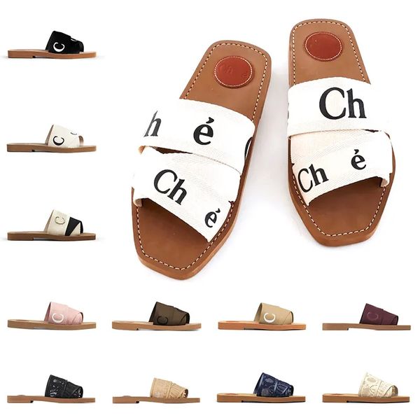 Chloe designer Woody sandals famous designer women Mules flat slides Light tan beige white black pink lace Lettering【code ：L】Fabric canvas slippers womens shoes CHLOÉ