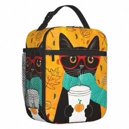 Sac à lunch isolé chat noir pour femmes étanche automne citrouille café refroidisseur thermique boîte à lunch bureau travail école g8OS #