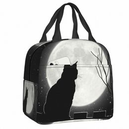 Chat noir regardant le sac fourre-tout à déjeuner isolé Mo complet pour les femmes Animal Carto Portable refroidisseur thermique Bento Box 36nu #