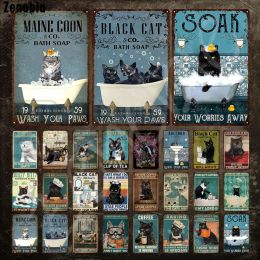 Chat de chat noir chat prenant un bain drôle métal signe signe d'étain animal animal vintage plaque mural autocollants pour décoration de salle